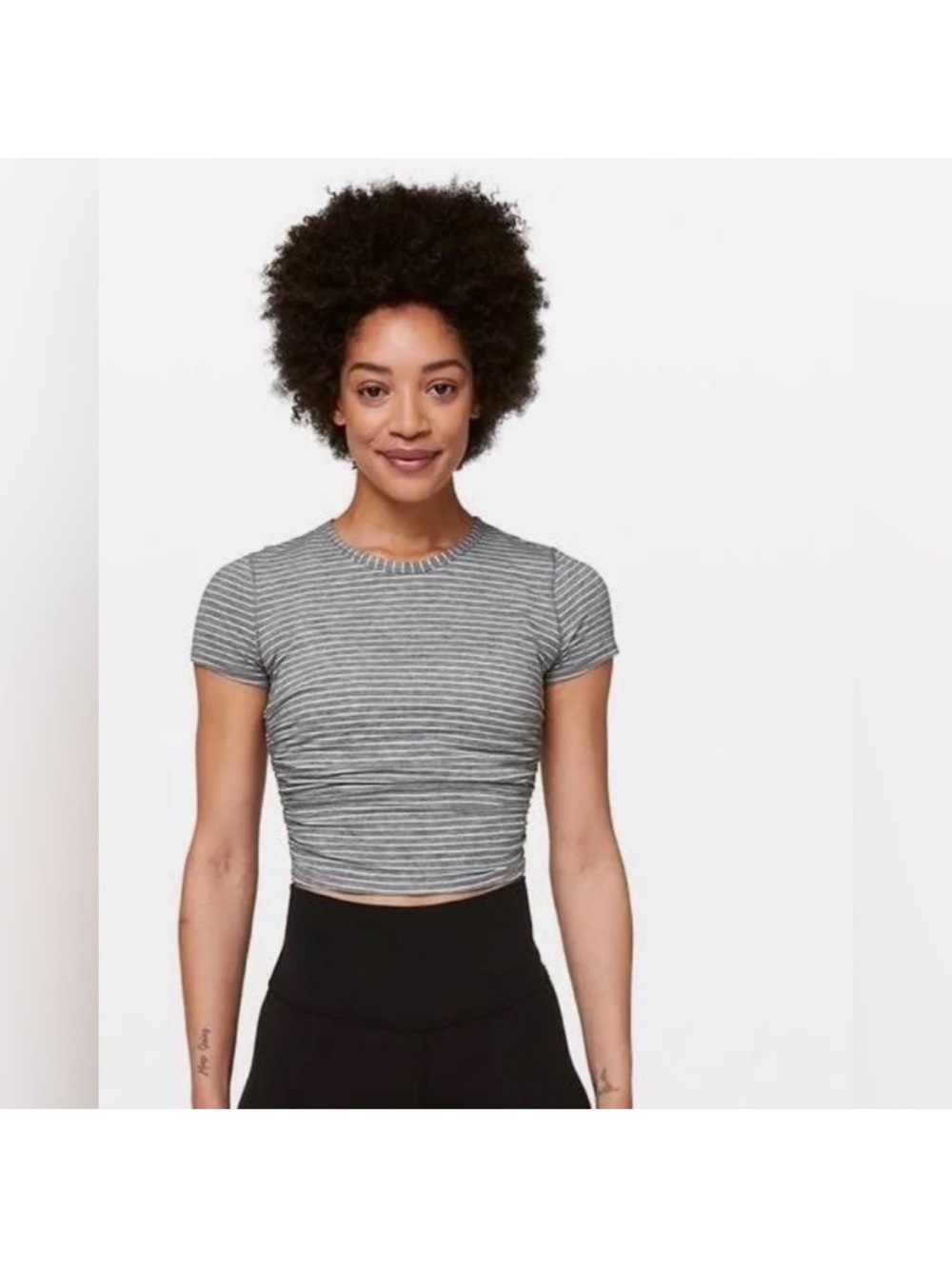 Grey & White Striped Lululemon Cinched crop tee Size 4